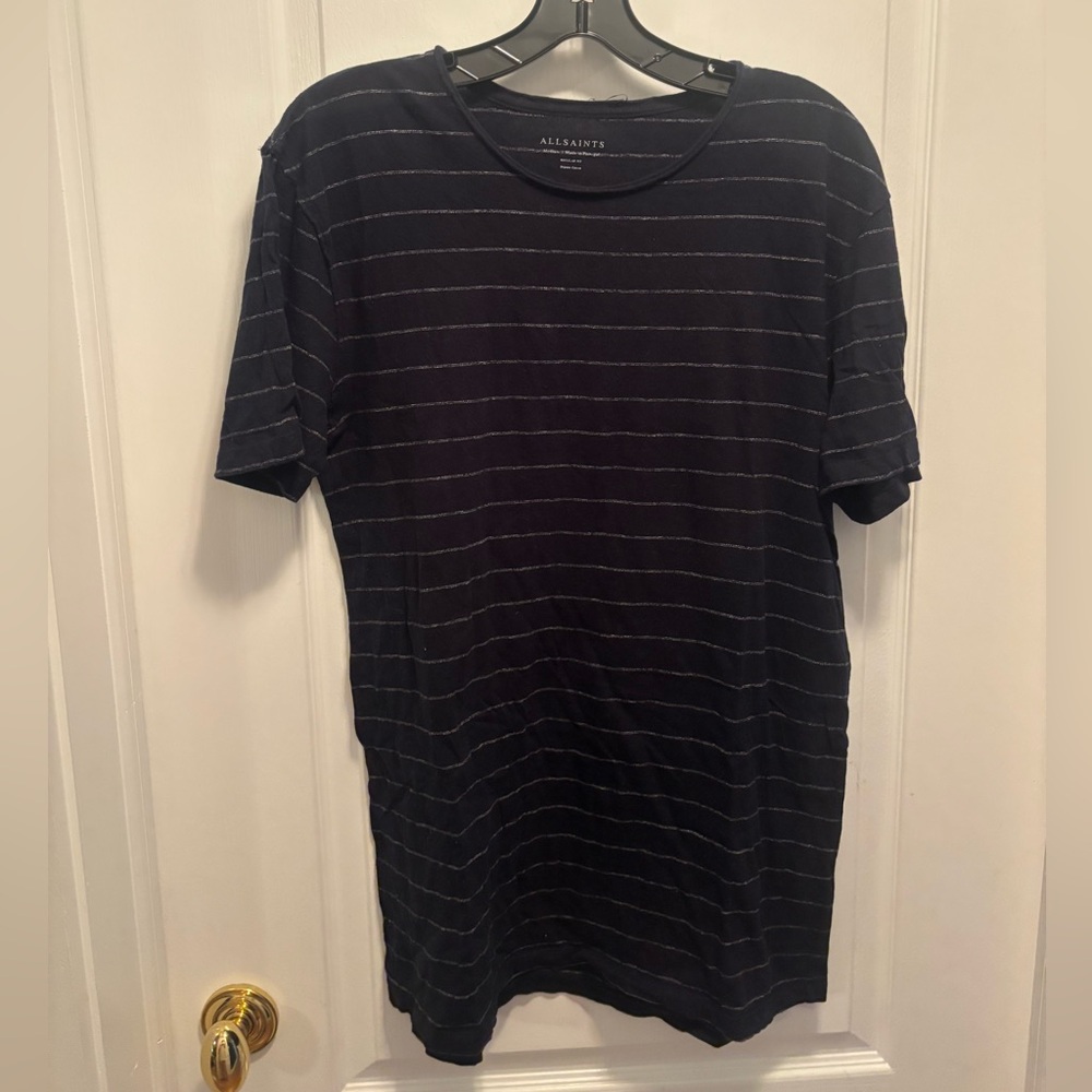 All Saints Mens Black Striped Short Sleeve Crew Tshirt M excellent condition
